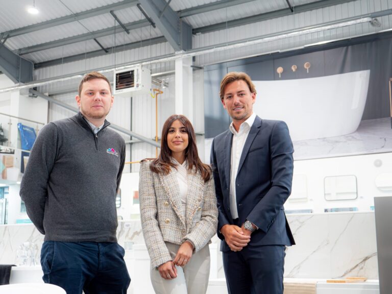 Pictured L-R:  Bathroom Mountain, Head of Group Customer Service James Bacon, Shamila Iqbal, Bathroom Mountain Co-Founder and Director and Samuel Scott, Sales Director, Panther Logistics
