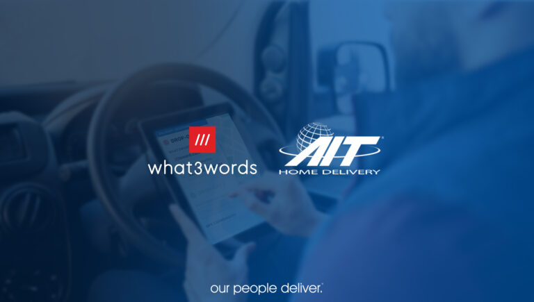what3words and AIT Home Delivery logos with strapline: our people deliver