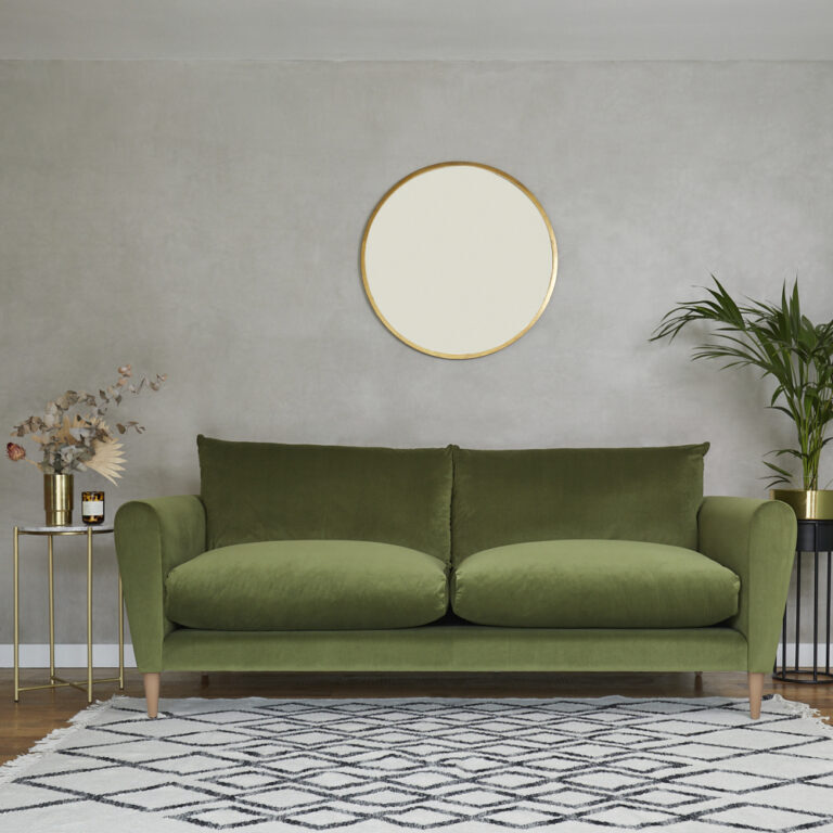Nancy-3-Seater-Sofabed-Moss-Green-Velvet-Walnut-just-one-Cult-Furnitures-products-being-delivered-by-Panther
